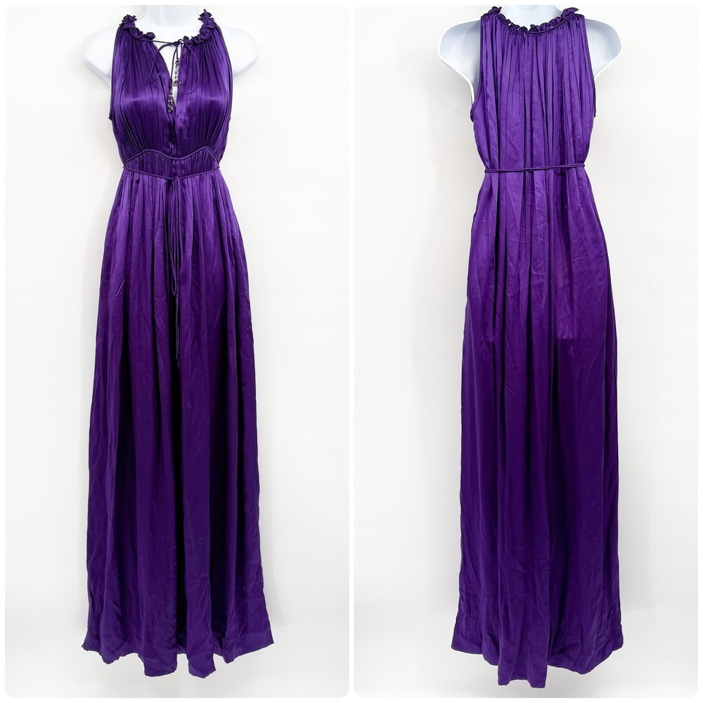 Blessed and Lucky Womens Purple 100% Silk Pleated Halter Maxi Prom Gown Dress XS